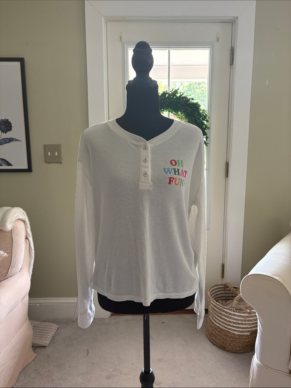 Target White Long-Sleeve Henley Top with Multicolor "OH WHAT FUN" Print